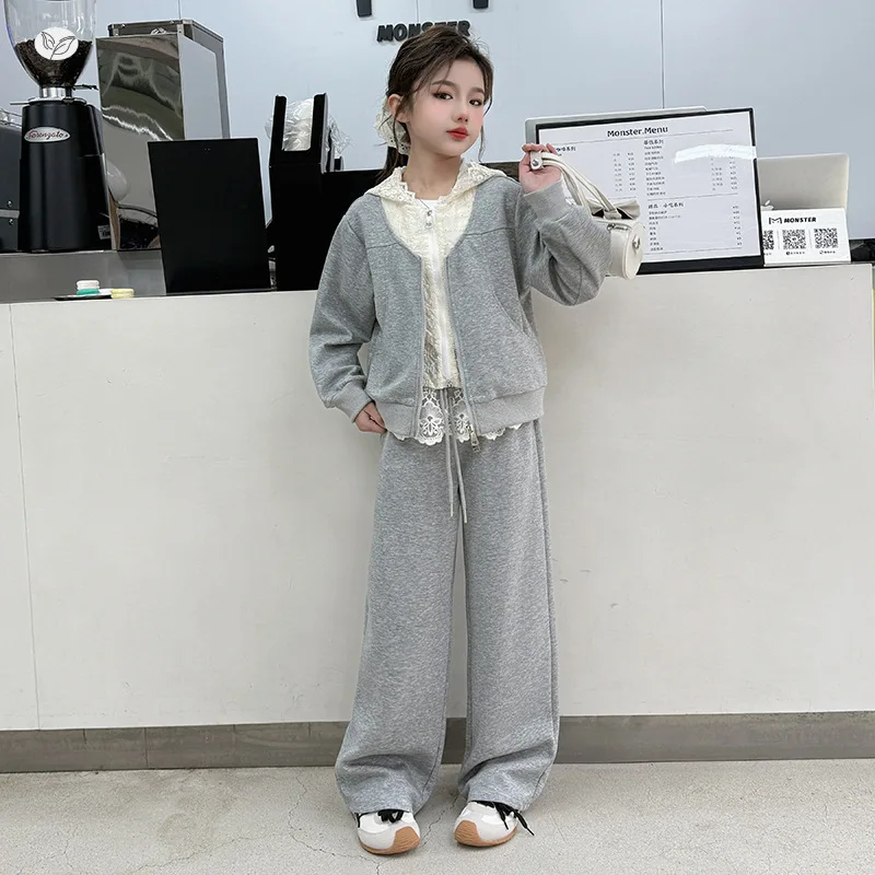 

Girls Autumn Sporty Set 2025 New Fashion Casual Daily Lace Patchwork Coat and Solid Color Long Straight Pants 2-Piece Set