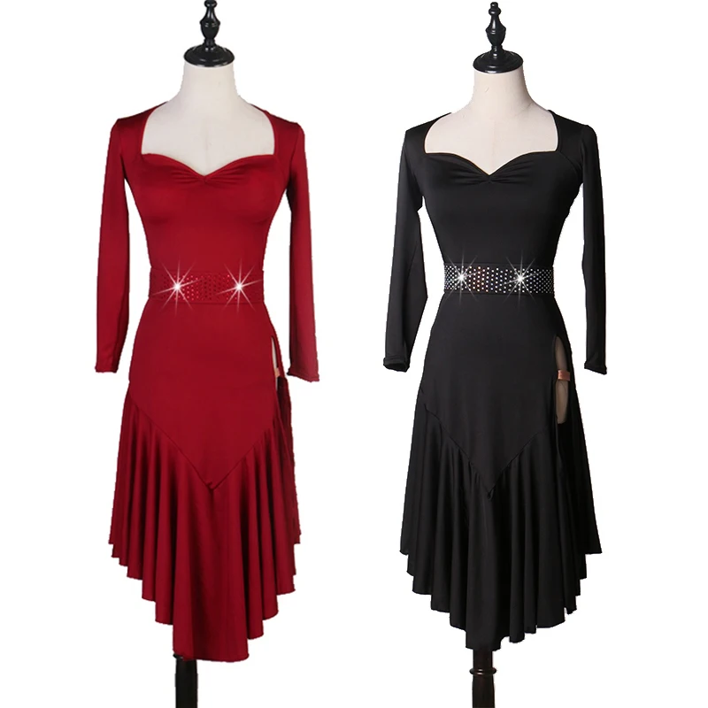 라틴 드레스 여성 룸바 차차 경쟁 의류 성인 블랙 긴 소매 댄스 드레스 라틴 퍼포먼스 연습복 4262