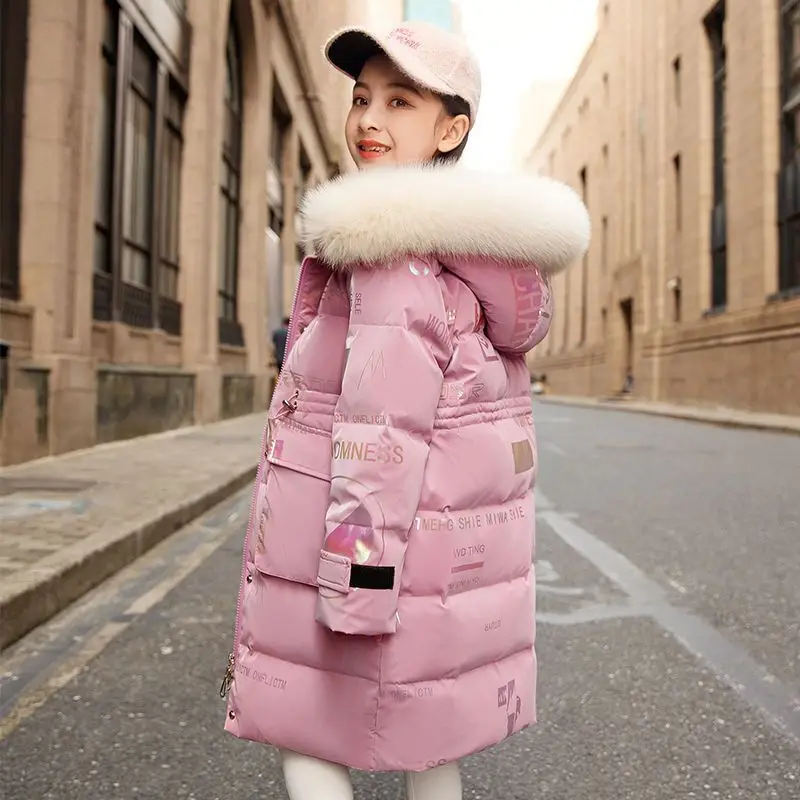 6-14 Years Girls Down Jacket Winter Keep Warm Long Style Parka Hooded Zipper Fur Collar Girls Outerwear Christmas Kids Clothes