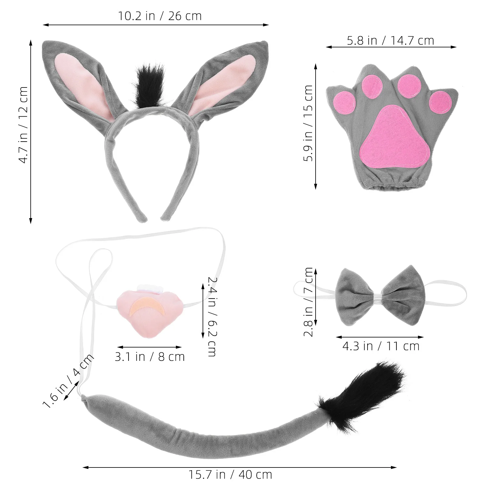 1 Set Burro Fascia Coda Guanti Bowtie Accessori per costumi animali per bambini Ragazze Cosplay Party Dress Up Puntelli Fascia per orecchie