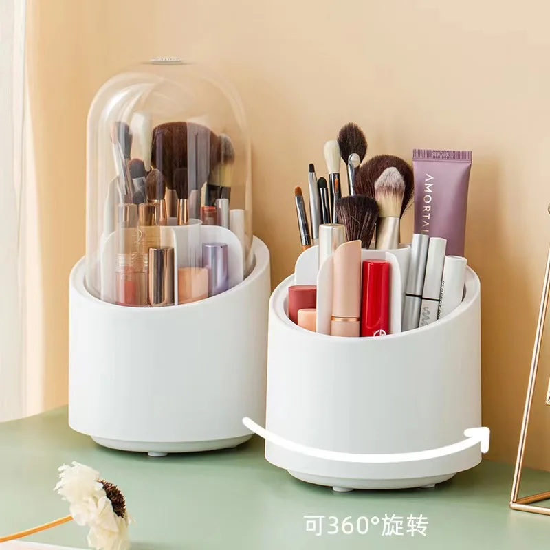 Multifunction 360° Rotating Pen Holder Pencil Makeup Brush Bucket Dust-proof Cosmetic Storage Box Compartment Desktop Organizer