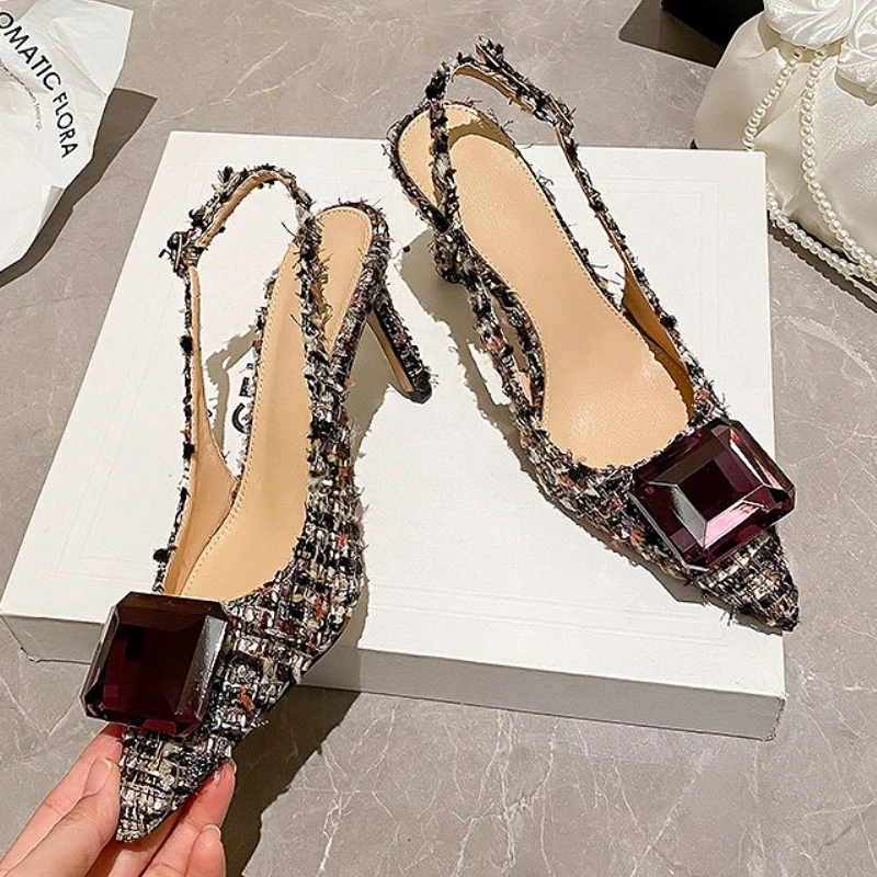 Edelstein Luxus Elegante Spitz Mit Hohen Absätzen Sandalen Frauen Sexy Klassische Slingback High Heels Weibliche Diamanten Designer Pumps Party Schuhe