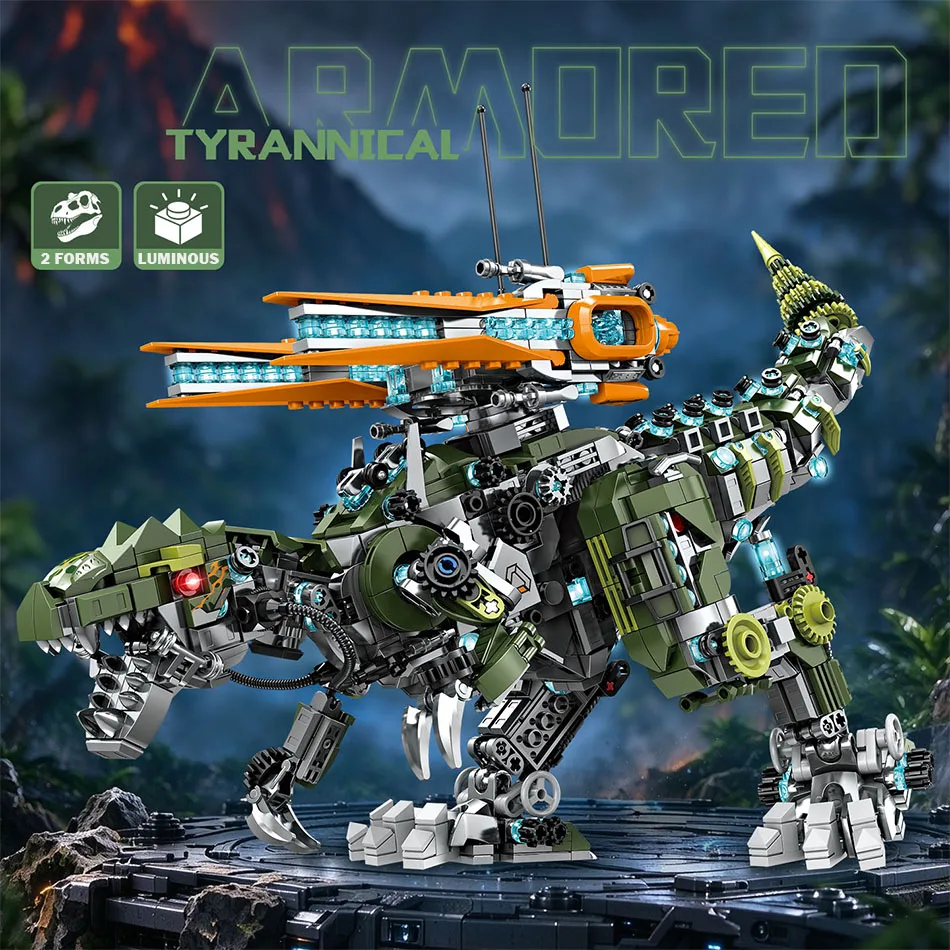 2in1 Armored Tyrannosaurus Rex Mecha Building Blocks Mechanical Dinosaur Machine Gun Form Luminous Bricks Educational Toys Gifts
