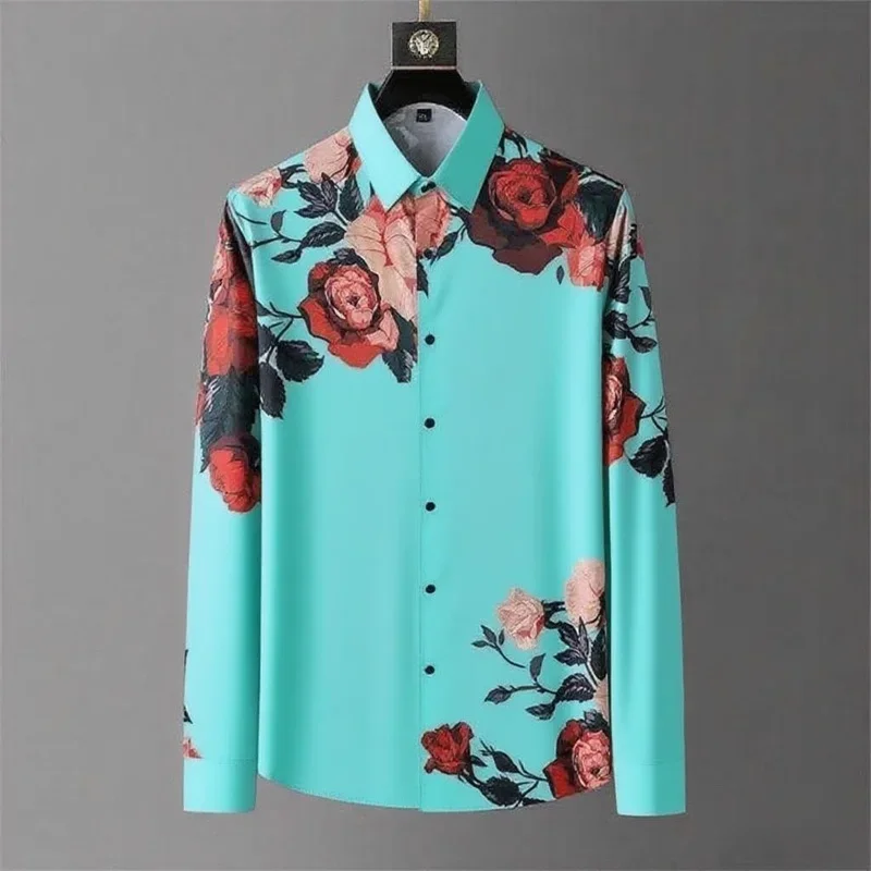 Men's Simple Retro Rose Flower Printed Long-sleeved Shirt for Spring and Autumn Outing Parties High-quality Printed Lapel Shirt