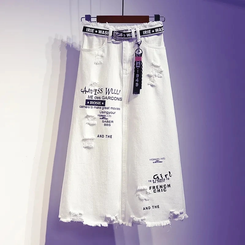 

Spring Autumn Large Hole Letter White Cowboy Skirt for Women High Waist Hairy Edge Wrapped Butt Mid length Denim One Step Skirts