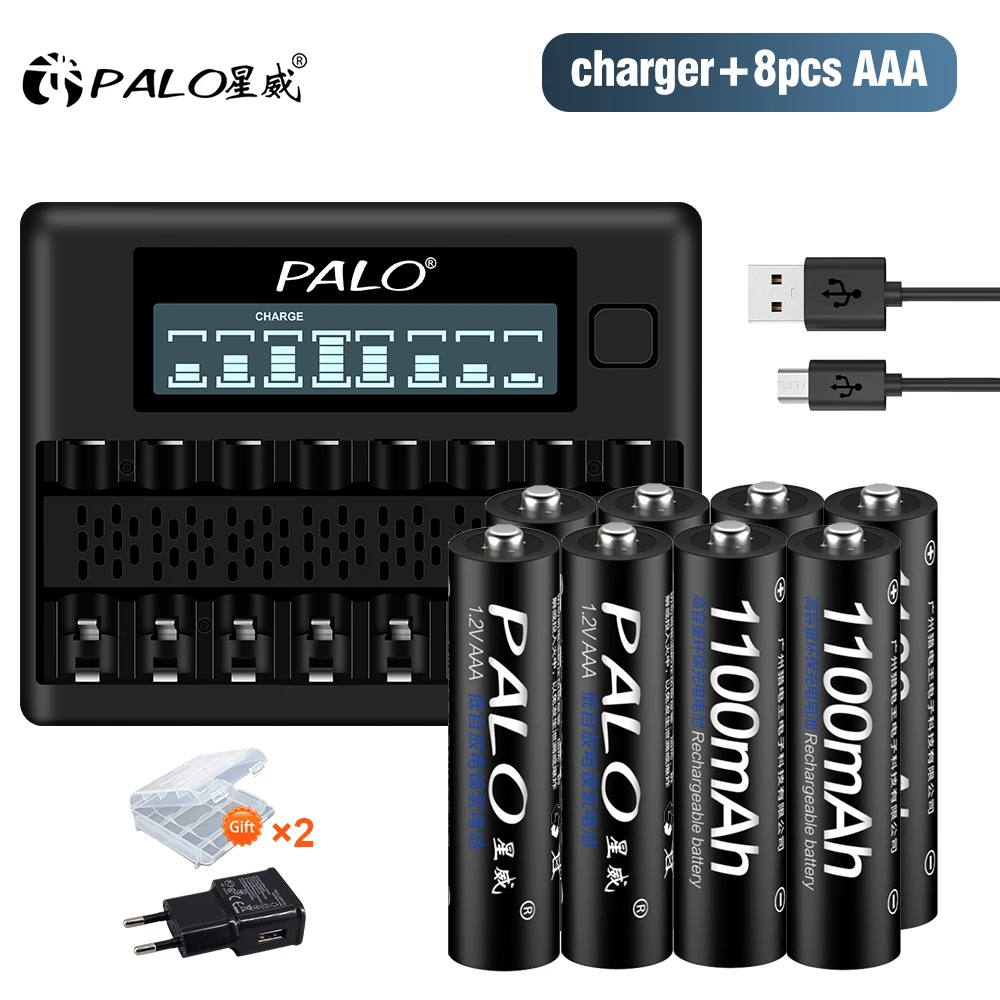 PALO 1.2V AAA Ni-MH Rechargeable Battery AAA Batteries 1100mAh AAA 3A Battery +8 Slots LCD USB AA AAA NIMH Battery Charger