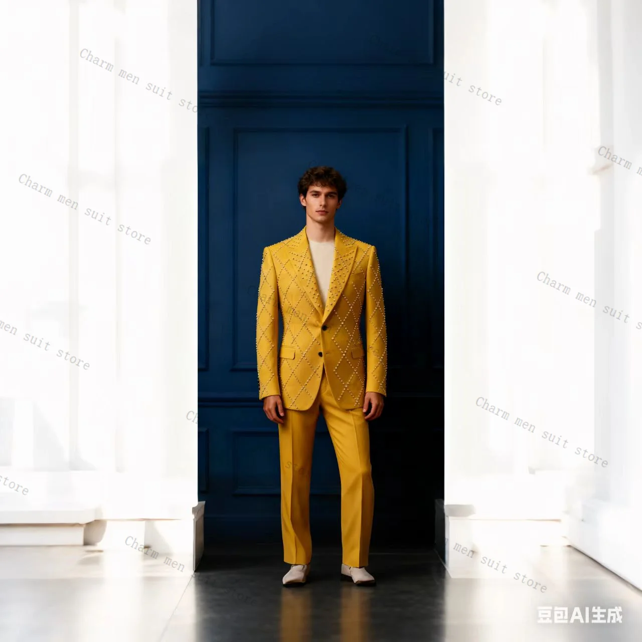 

Luxury Yellow Men Suits Set 2 Pcs Blazer+Pant Trousers Wedding Tuxedo Shiny Crystals Formal Office Groom Jacket Cotton Coat