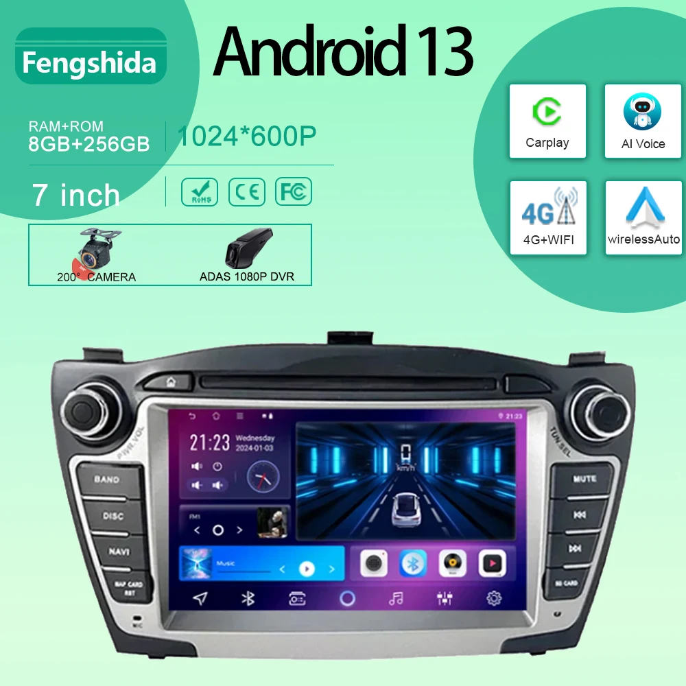 7 Inch 8G+256G DSP Carplay Auto Android For Hyundai Tucson IX35 2009-2015 Multimedia Carplay Display TV GPS WIFI Bluetooth