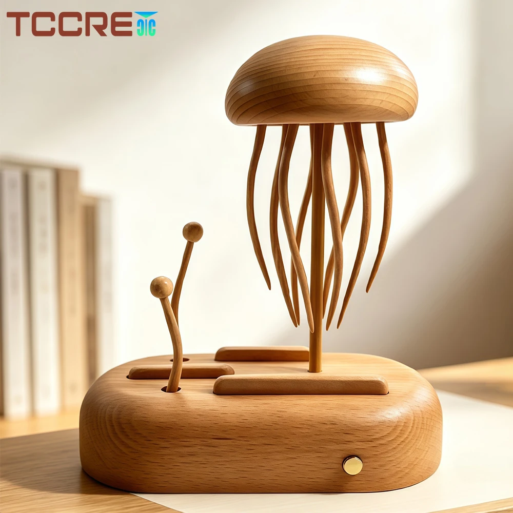 Handcrafted Wood Jellyfish Automaton with Moving Tentacle,Creative Machinery Jellyfish Sculpture Desktop Ornament Art Decoration