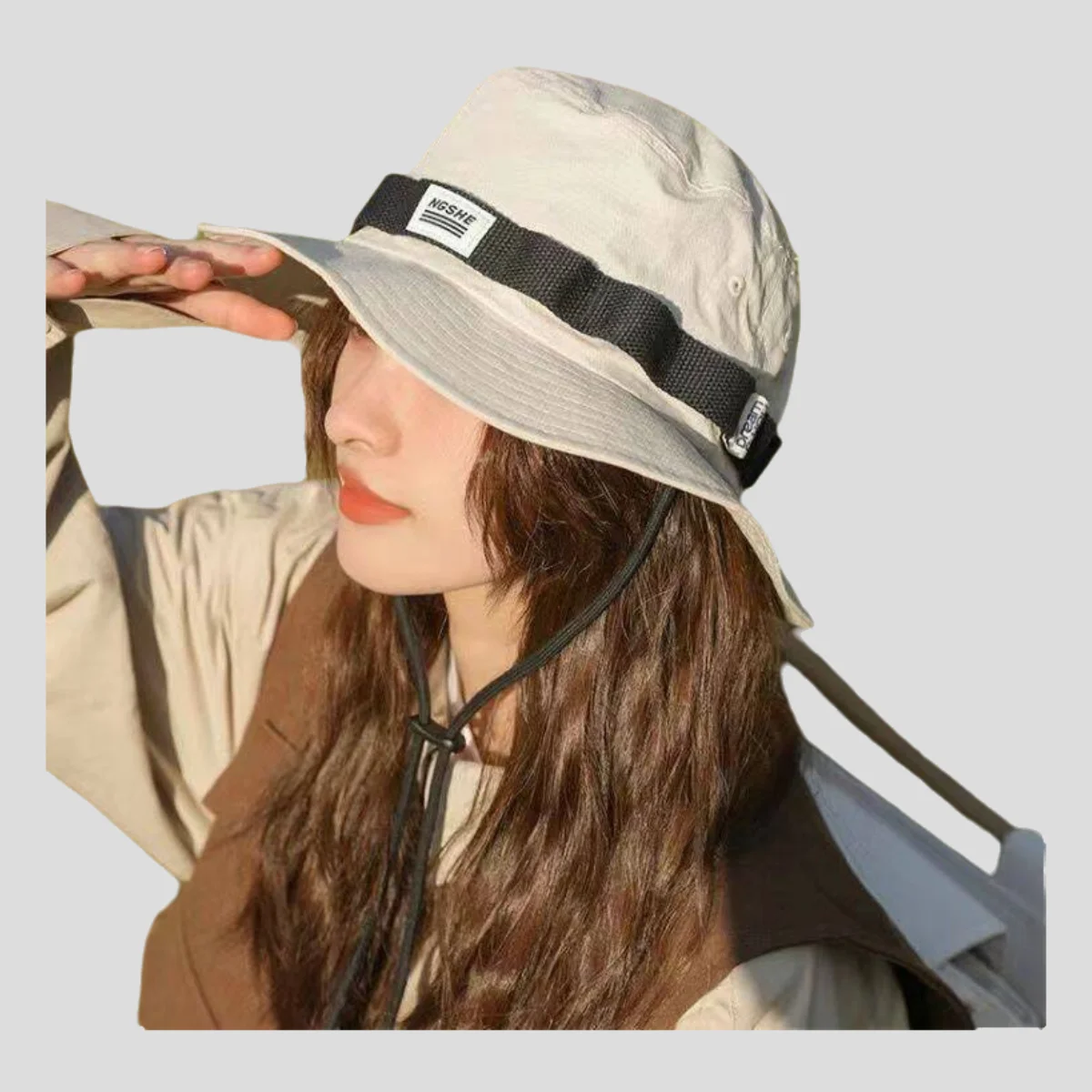 

Breathable Drawstring Bucket Hat with Letter Embroidery Webbing Design Sun Protection for Outdoor Hiking Camping Unisex