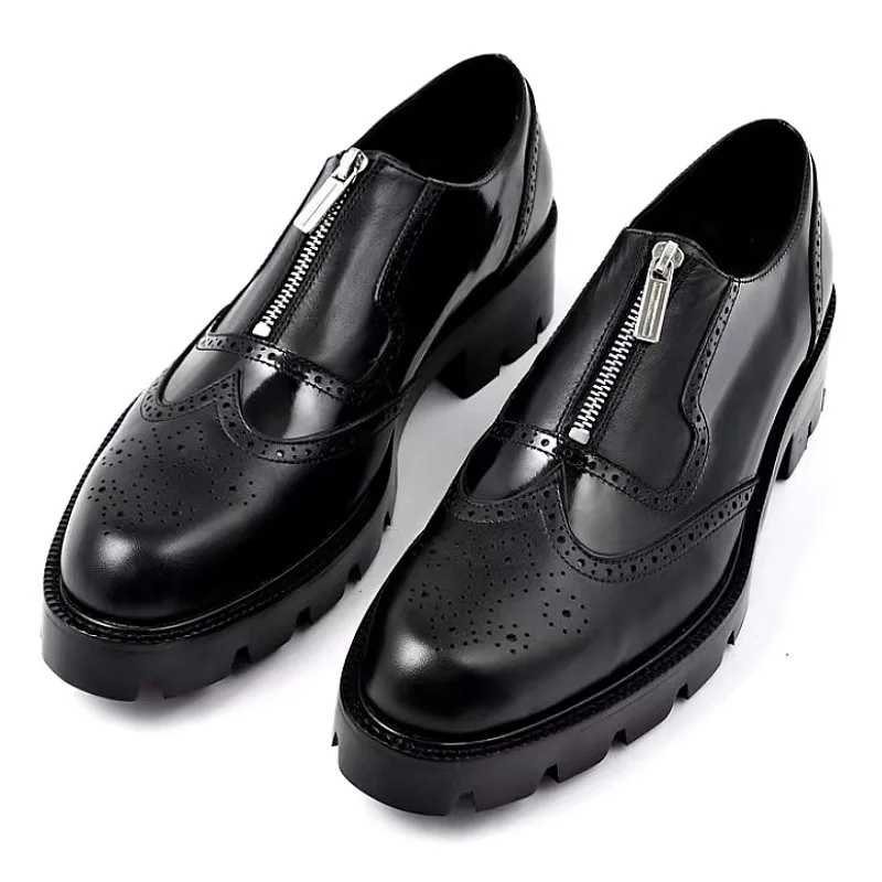 Luxury Men Brogue Shoes British Oxford Shoes Zipper Genuine Leather Thick Sole Carved Business Dress Fashioner Shoes Zapatos 