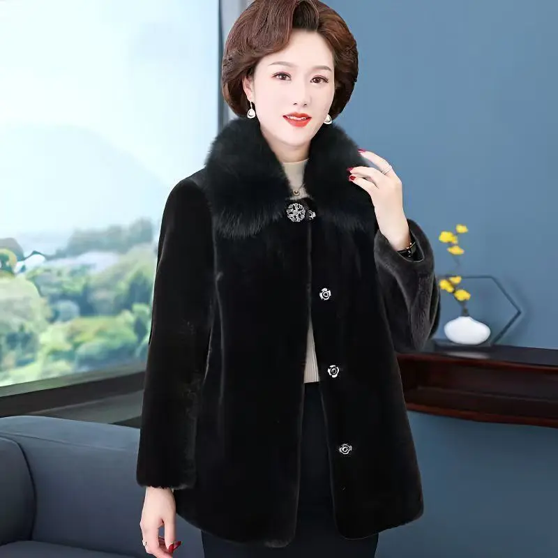 منتصف العمر المسنين الأم فو فرو منك سترة المرأة الراقية موضة الفراء كولور معطف الفرو رشاقته الدافئة لينة معطف قصير 4XL
