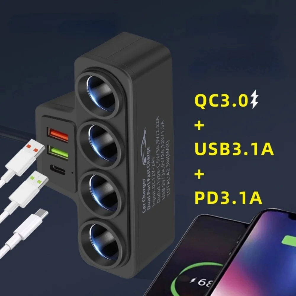 cigarette lighter phone charger for iphone 12V/24V Car Adapter 4 Ports 3.1A USB 120W QC3.0 PD Fast Charging Samsung Truck SUV Vehicle current and overcharging LISEN 54W Mini Metal Cigarette