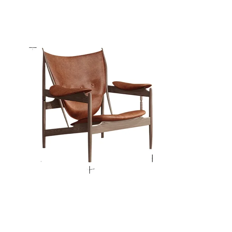 

Medieval leisure chair, ash wood leather single sofa, retro home living room chief chair