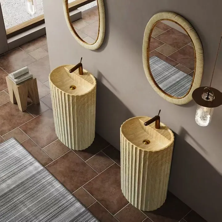 Potted Plants On StandsNew Design Oval Shape Wood And Stone Color Finished Pedestal Wash Basin For Hotel Or Homestay And Villa
