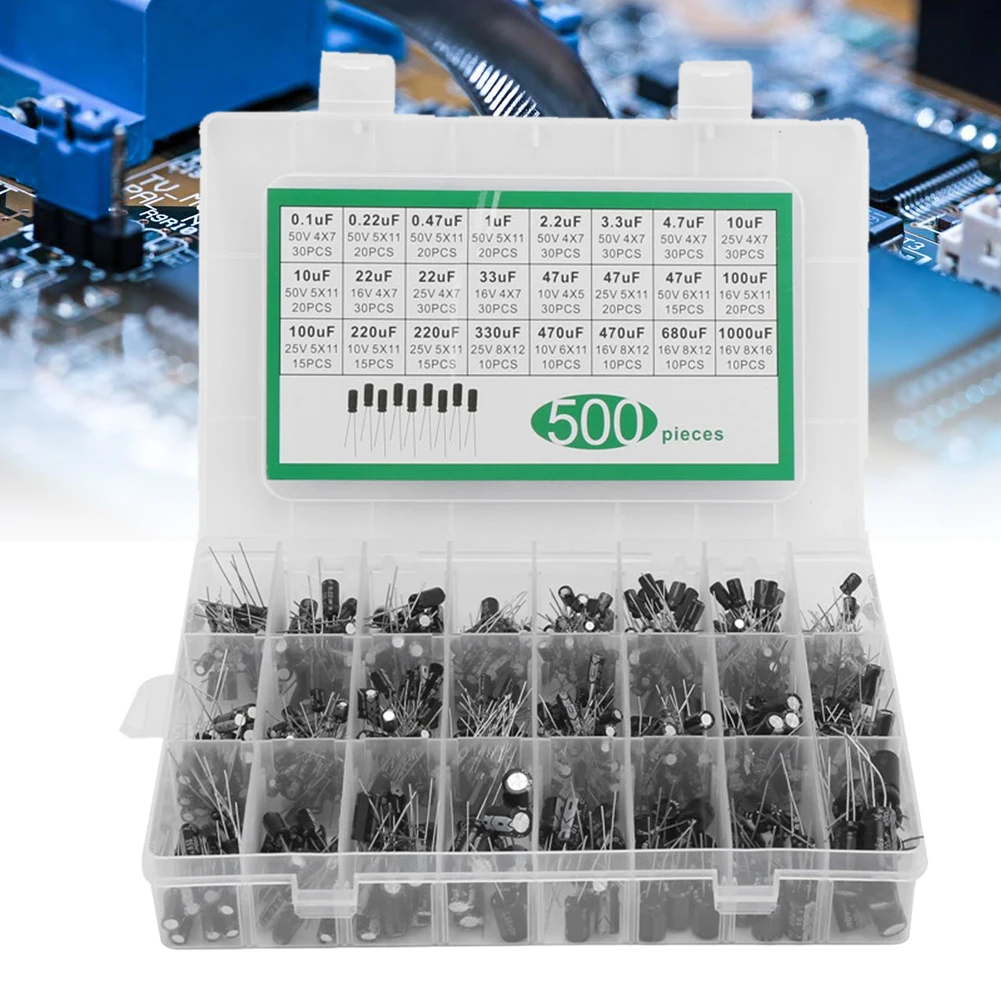 500개 24가지 값 16-50V 0.1-1000uF 알루미늄 전해 커패시터 모음 키트 전해 커패시터 모음 키트