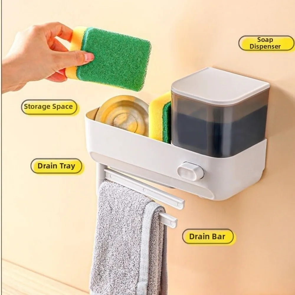 موزع صابون المطبخ المثبت على الحائط، تصميم مقاوم للماء، حاوية سائلة لغسل الأطباق مع مزيل للصرف