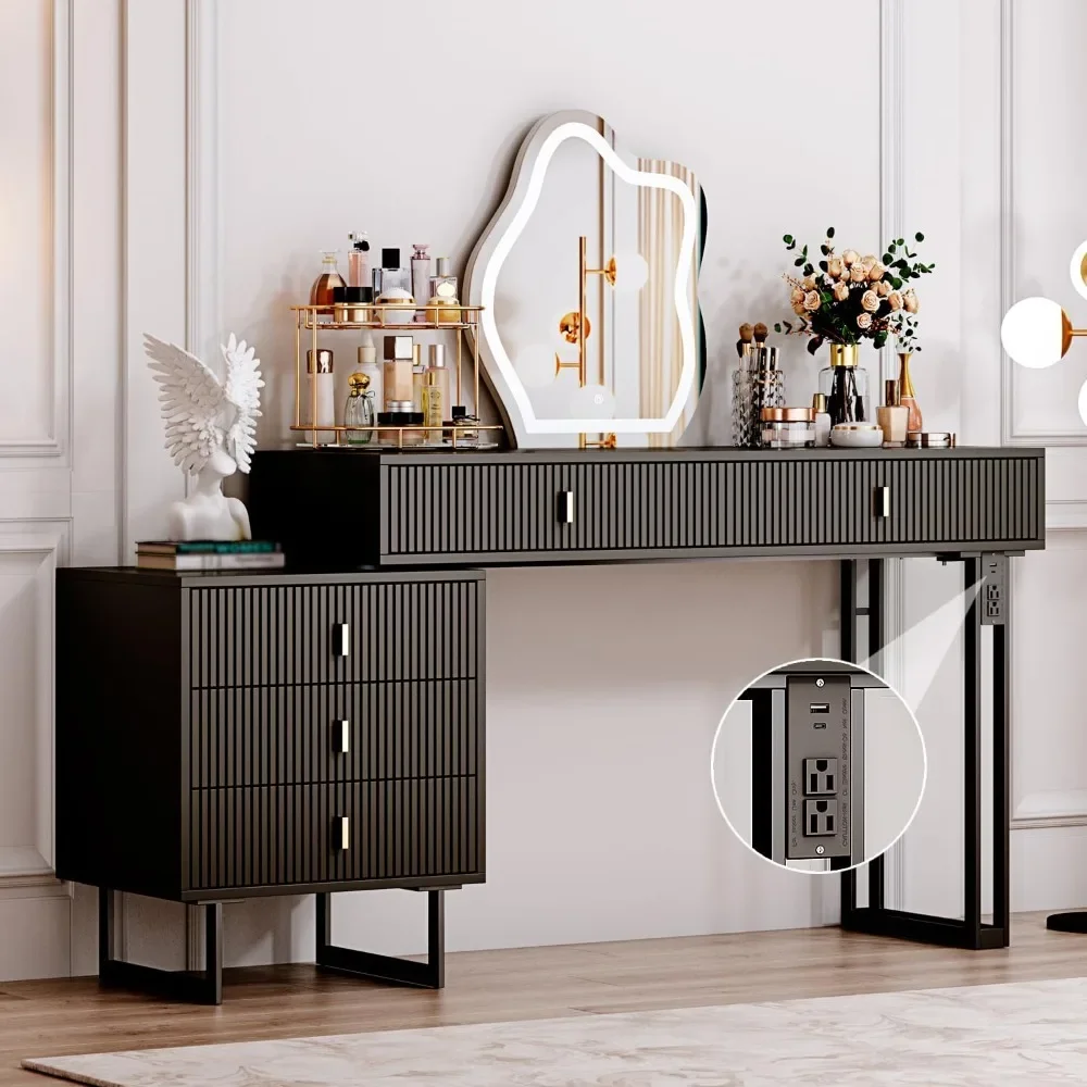 Vanity desk with mirror and lights, with 3 Color Touch Screen Dimming Mirror, Modern Retractable Makeup Dressing Table