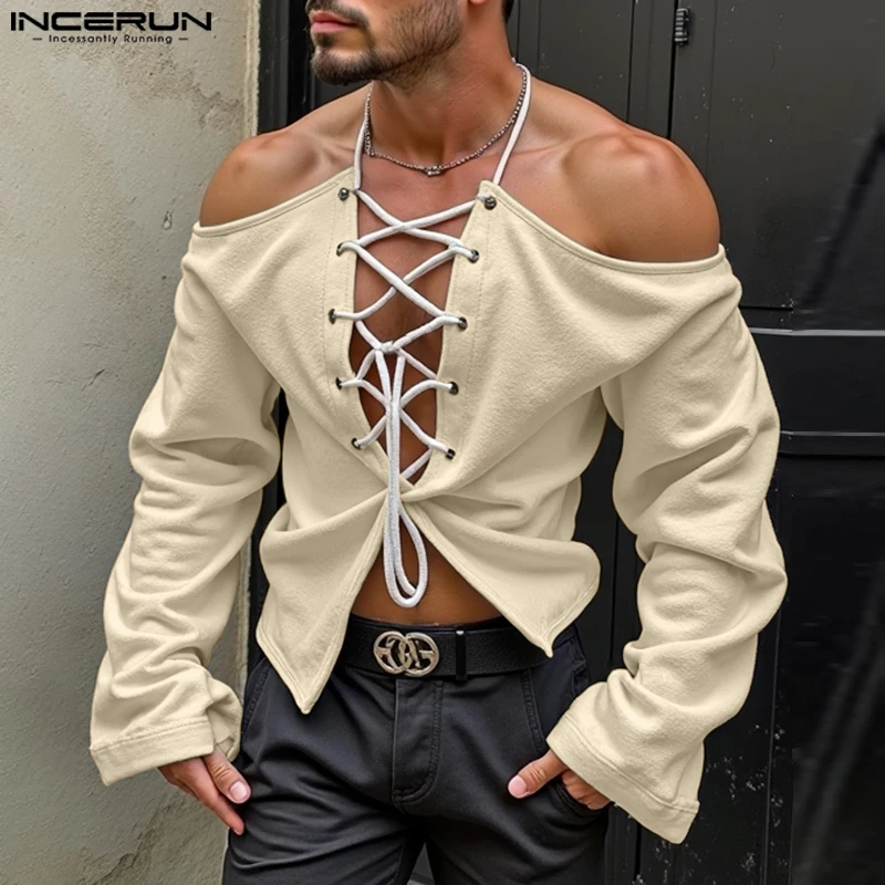 INCERUN Sexy Double Polar Knitted T-Shirts 2024 Men Simple Solid Color Simple Camisetas Hanging Neck Design Exposed Shoulder Top