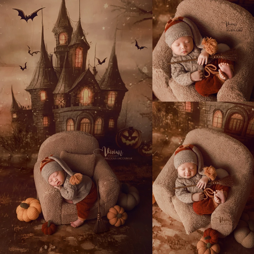 Halloween Newborn Photography Props Set Cozy Knitted Costume Magic Broom Pumpkin Photo Studio Baby Shoot Castle Scene Decor Prop