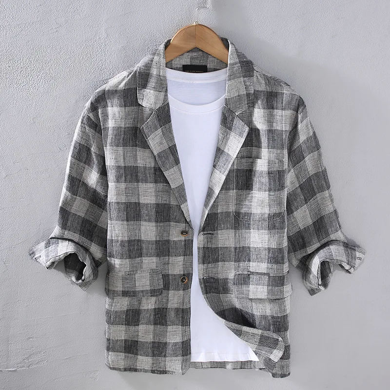 Plaid 100% Linen Men's Casual Blazers Spring Autumn Trend New 3/4 Sleeved Blazer Masculino Fashion Slim Fit Breathable Soft Top