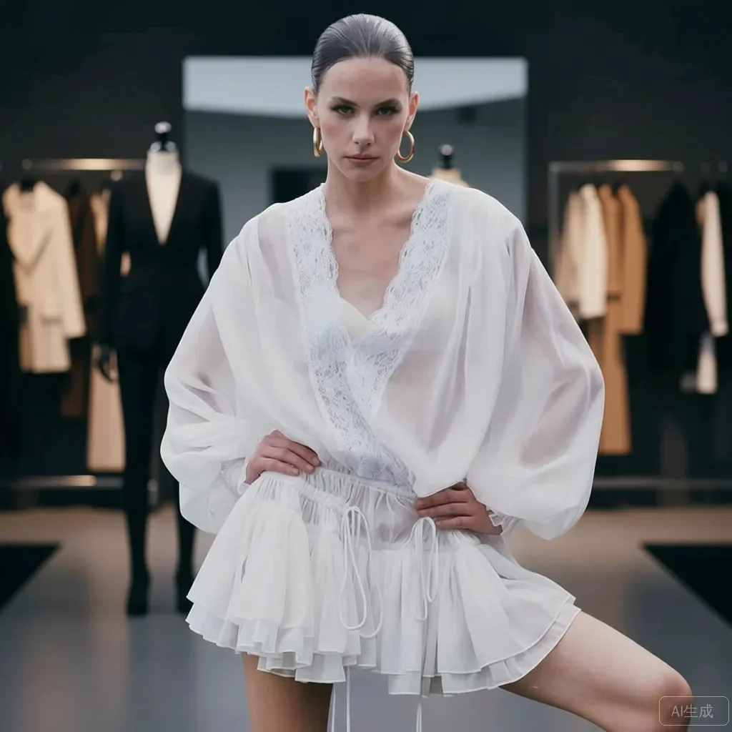 Biała koronkowa sukienka dwuczęściowa z dekoltem w serek, bufiastymi rękawami, falbankami, w stylu południowo-francuskim, wakacyjna, w stylu nowo-chińskim fusion, boho vintage.