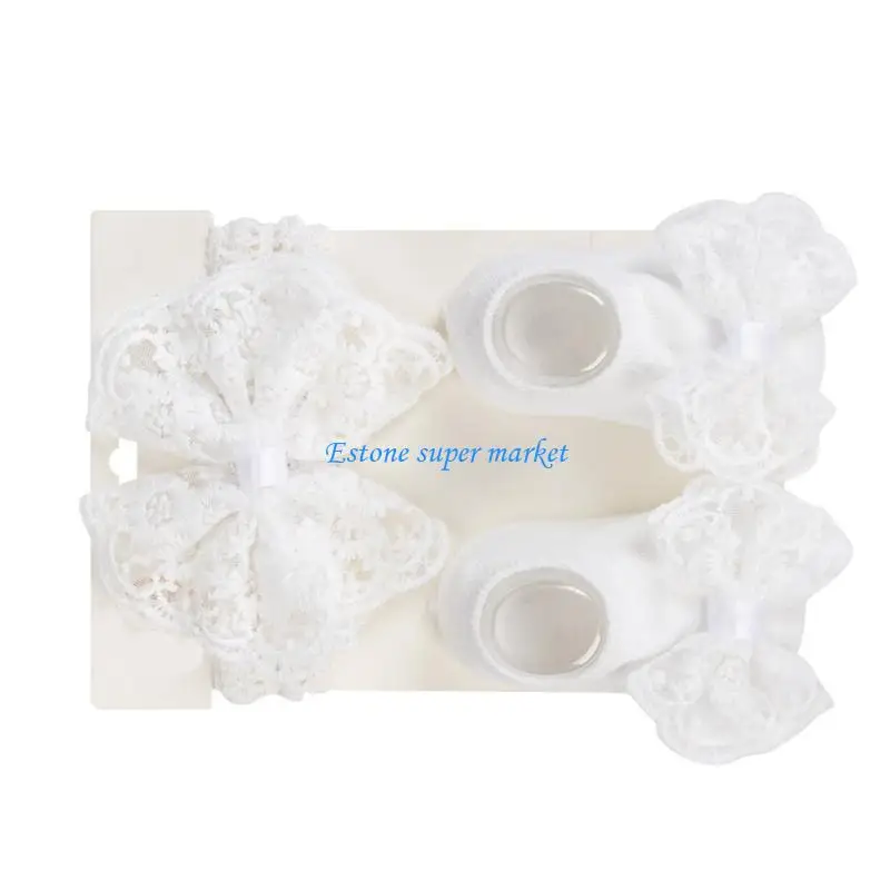 

090B Sweet Baby Bowknot Headband Hairband Strong Gripped Socks Set for Newborns