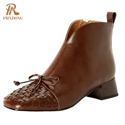 PRXDONG 2024 New Autumn Winter Warm Ankle Boots Square Med Heels Genuine Leather Black Brown Dress Office Lady Shoes Size 34-40