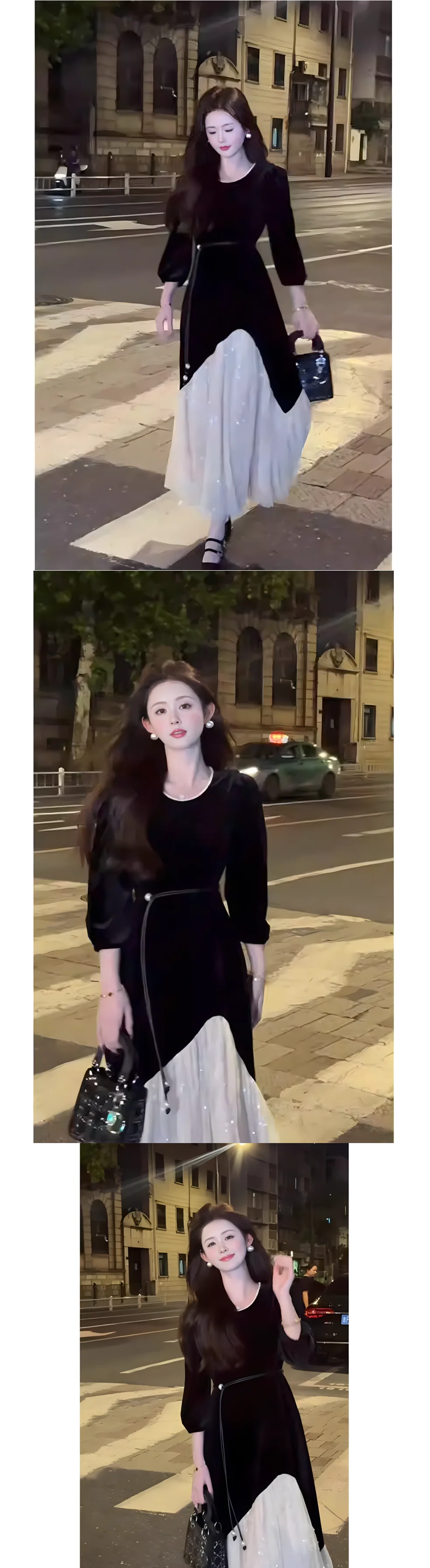 2024 Damen-Herbstkleid mit 7-Punkt-Ärmeln, Tunika-Kleid im koreanischen Stil, französisches elegantes Temperamentkleid, langer Rock aus schwarzem Samt. – Detail 3