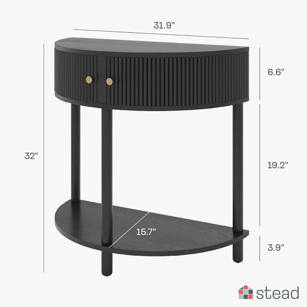 Mesa consola estriada de media luna - Mesa de entrada semicircular de chapa de roble negro - Almacenamiento oculto con dos puertas estriadas y perillas de latón