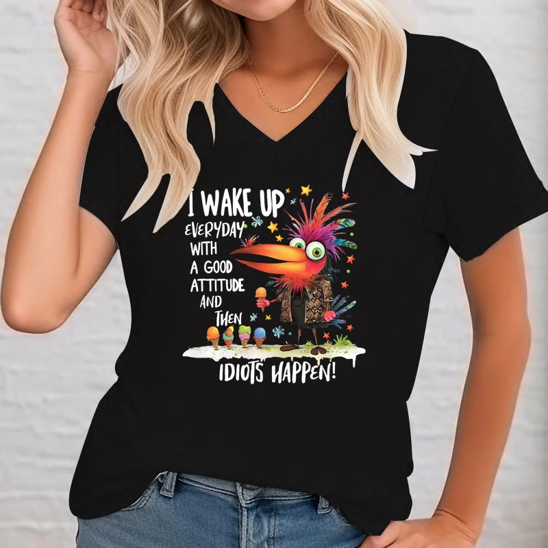 Cartoon Ice Cream Chicken Fashion T Shirt Women's Short Sleeve Humor Animal Quotes T-shirts I Wake Up Then Idiots Happen Tshirt