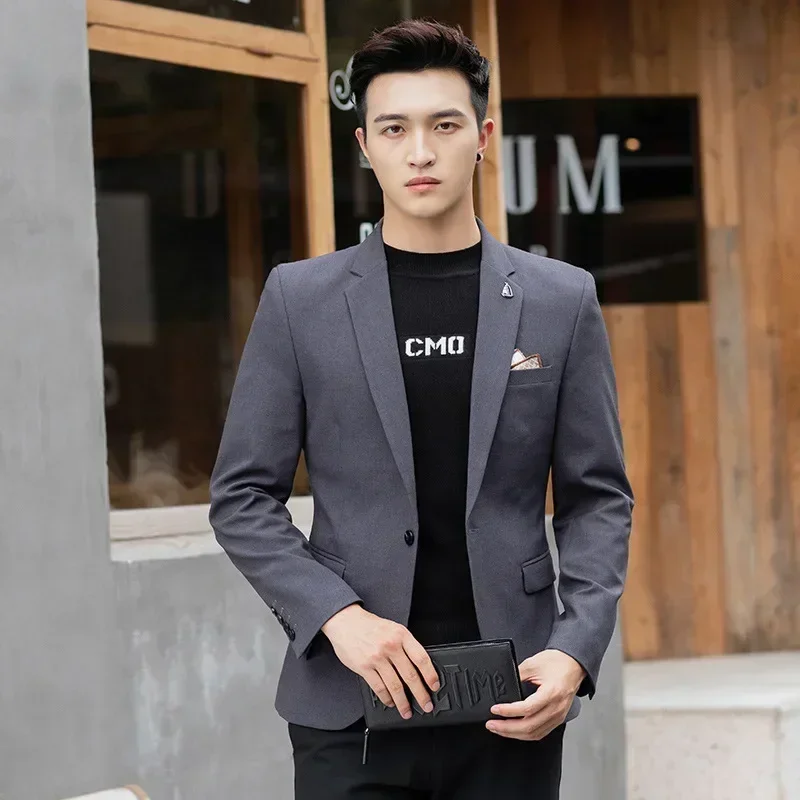 High Quality Men Blazer Korean Slim Fit Elegant Business Casual Suit Jacket Solid Color Blue Apricot Gray Wedding Banquet Dress