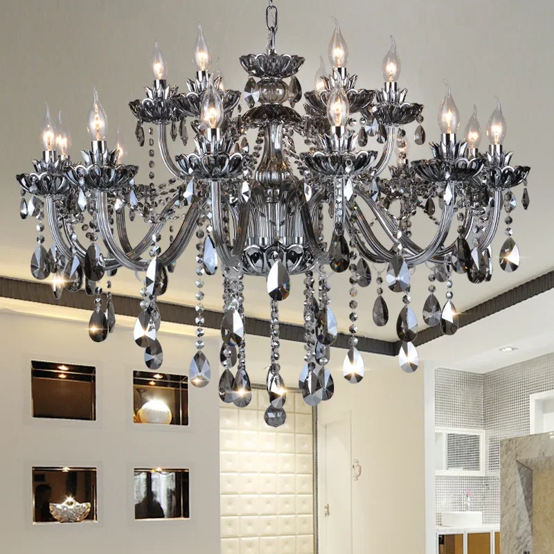 GHJUYIOL European style living room crystal chandelier, bedroom dining room light, retro smoke gray atmospheric villa, duplex bu