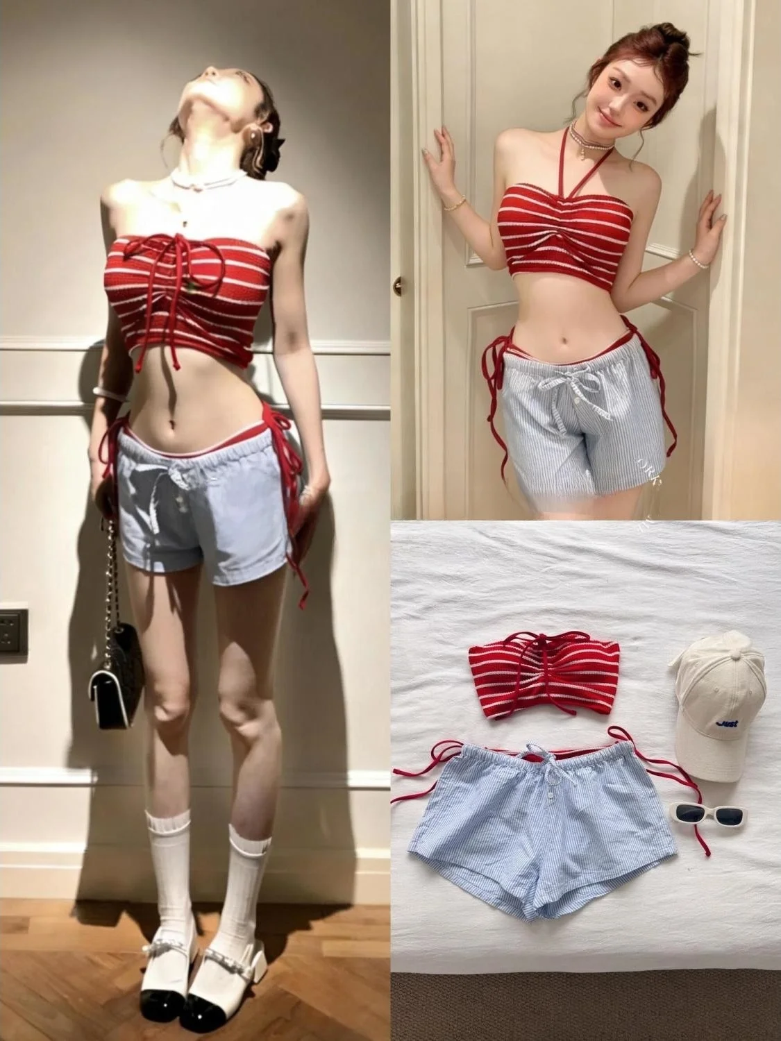 

Millennium Sexy Bikini Tee-Piece Set High-End Hot Spring Swimsuit Stripe Red Sexy Schooirl Suit Polyester Sports Swimsuit