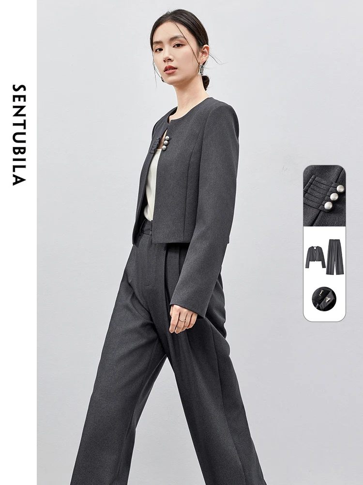 SENTUBILA Women 2 Piece Set 2024 Autumn Rounf Neck Short Coat Straight Folds Wide Leg Pants Office New Match Sets 143Z55935