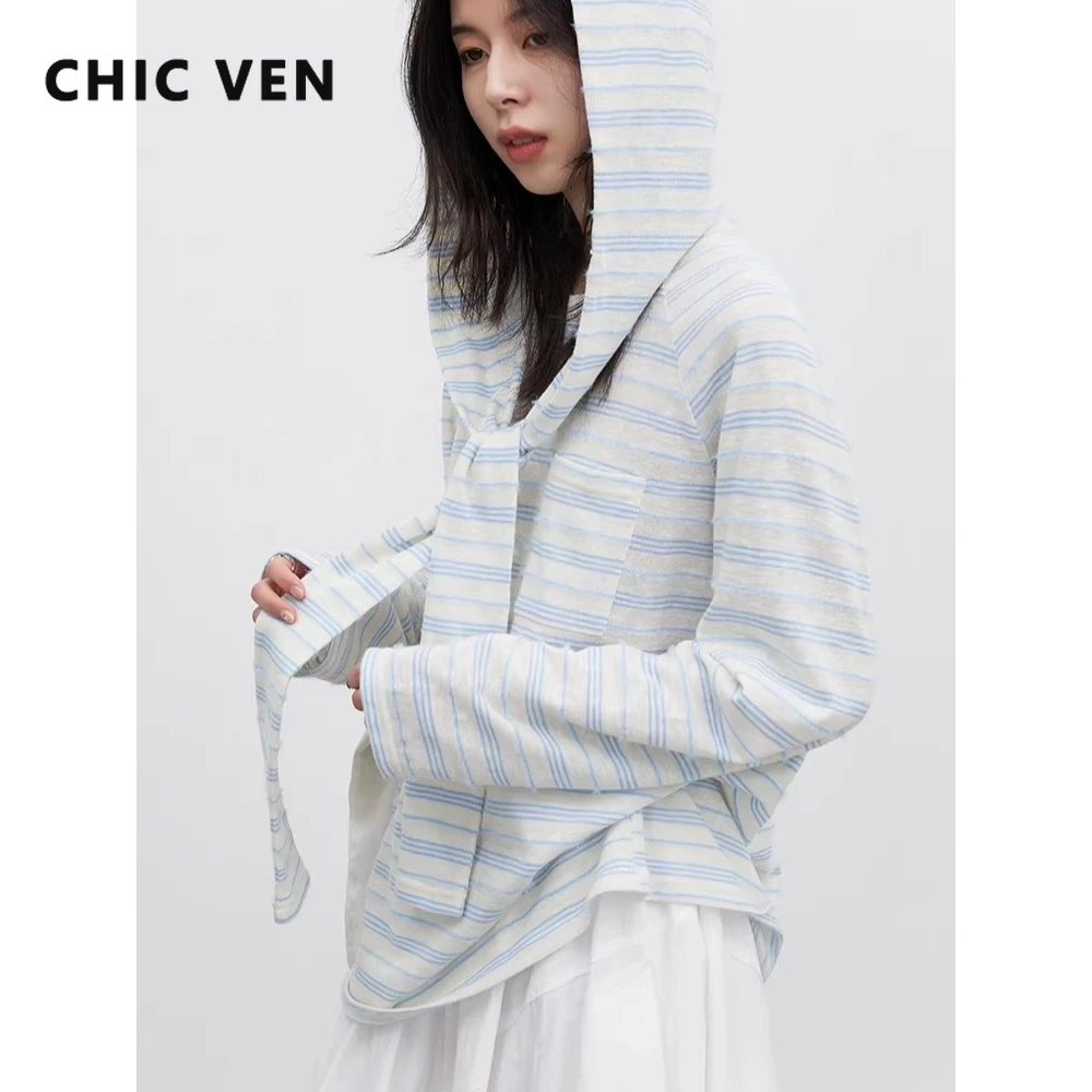 

Женская футболка CHIC VEN: Новинка, свободный крой, повседневная, с круглым вырезом, в полоску, с длинным рукавом, с капюшоном-шарфом, топ-пуловер, весна-лето 2026
