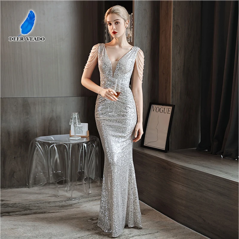 DEERVEADO Women Sexy V Neck Beading Evening Dress Long Sequins Mermaid Maxi Party Dresses Bodycon Prom Dress