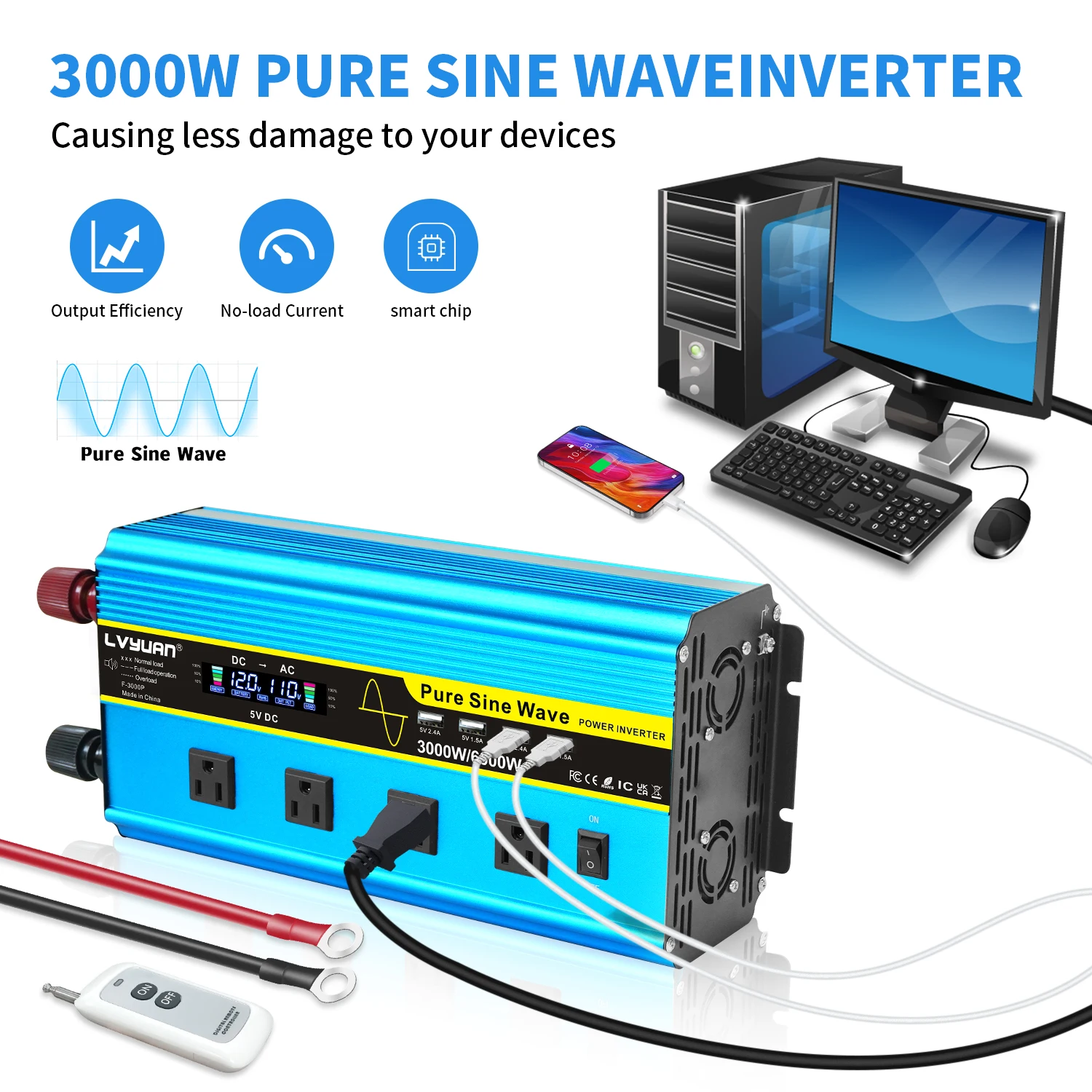 LVYUAN نقية شرط لموجة العاكس DC12V 24V-AC110V 8000 واط/6000 واط/4000 واط عاكس الطاقة للغلاية/وعاء كهربائي/ثلاجة صغيرة