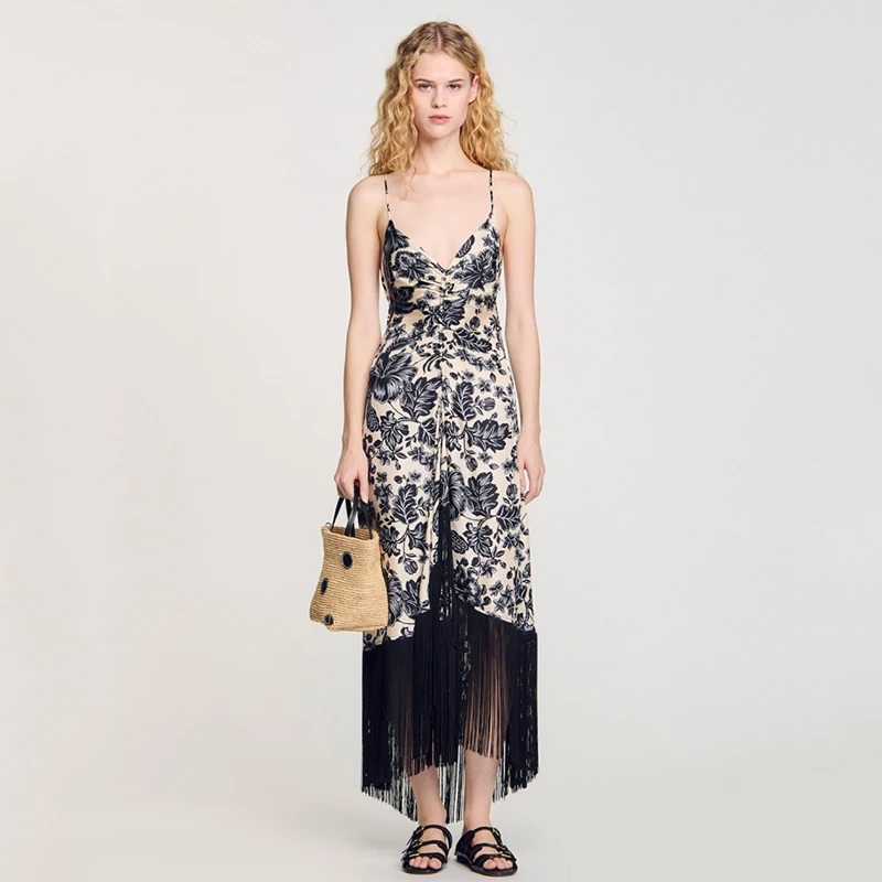 

Ele Bla White Printed Tassel Strapl Dr S Home Early Spring New Women's Faion High Waist A-Line Long Dr