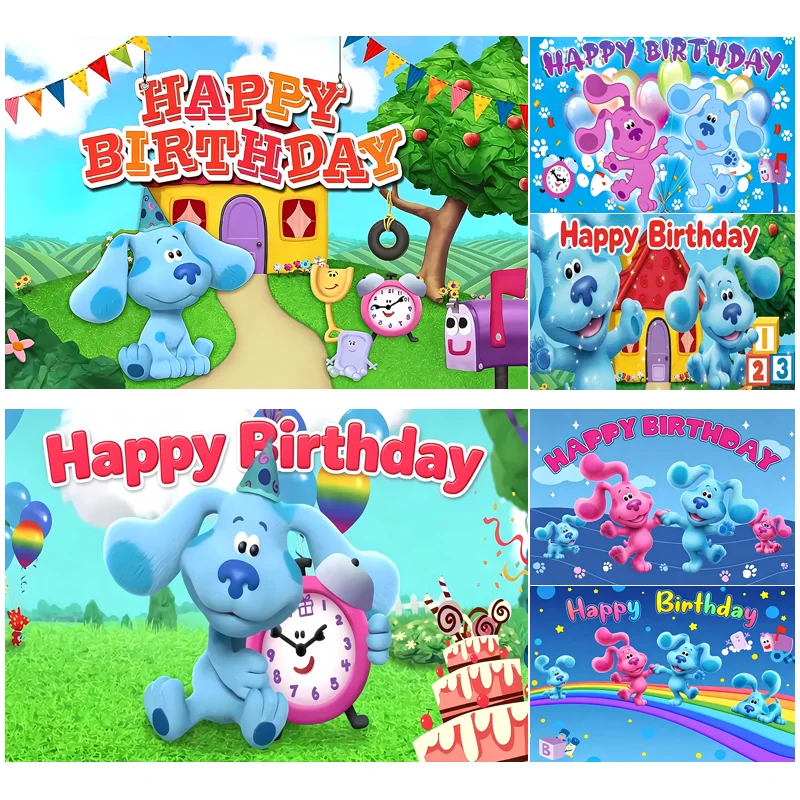 Dewprint B-Blue's Clues Cute Blue Dog Kids Birthday Backdrop Cartoon Puppy Themed Birthday Party Decorations Birthday Banner