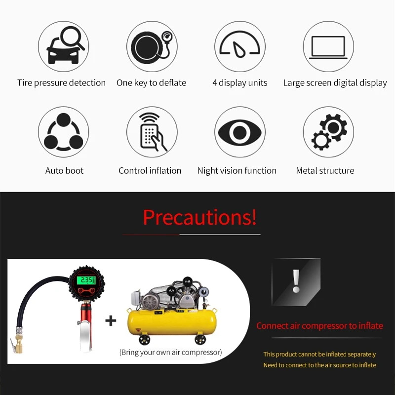 Digital carro pneu ar pressão inflador calibre, display lcd, led backlight, veículo testador, monitoramento da inflação