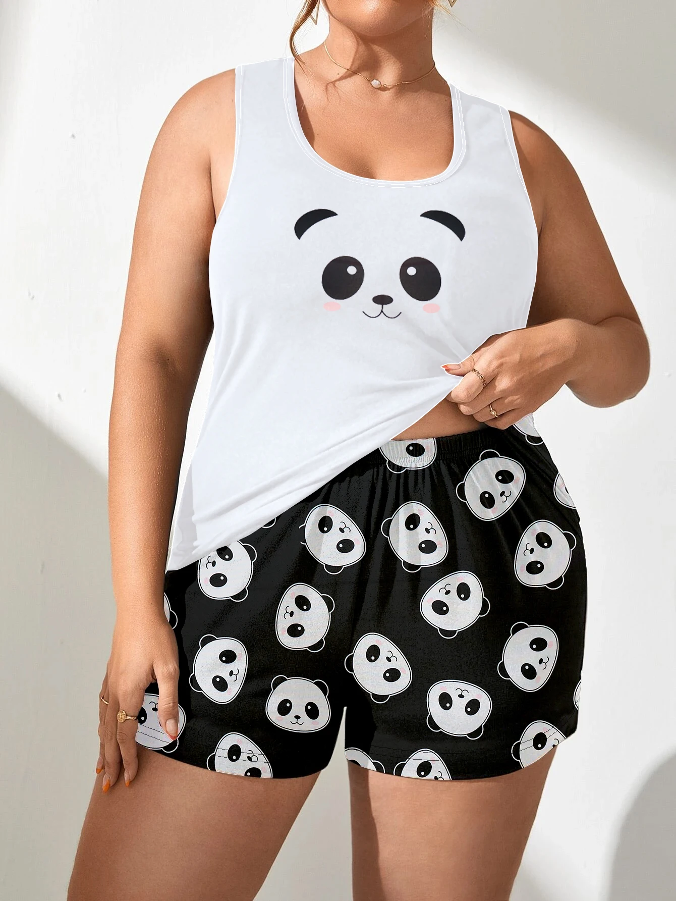Conjunto de pijama con estampado de Panda para mujer, chaleco sin mangas y pantalones cortos, conjunto de muebles para el hogar, fresco y lindo, Verano