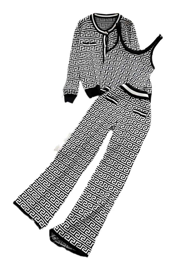 

Faionable Knitted Set round Ne Tassel Cardigan Vest High Waist Slim Straight Leg Pants Women's Polyester Summer Outfit