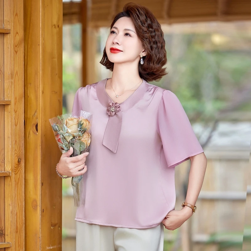 

Faionable Summer Outfit Set for Middle-Aged Mothers Midi Skirt And Blouse Ensemble Ele Personali Light Weight Polyest...