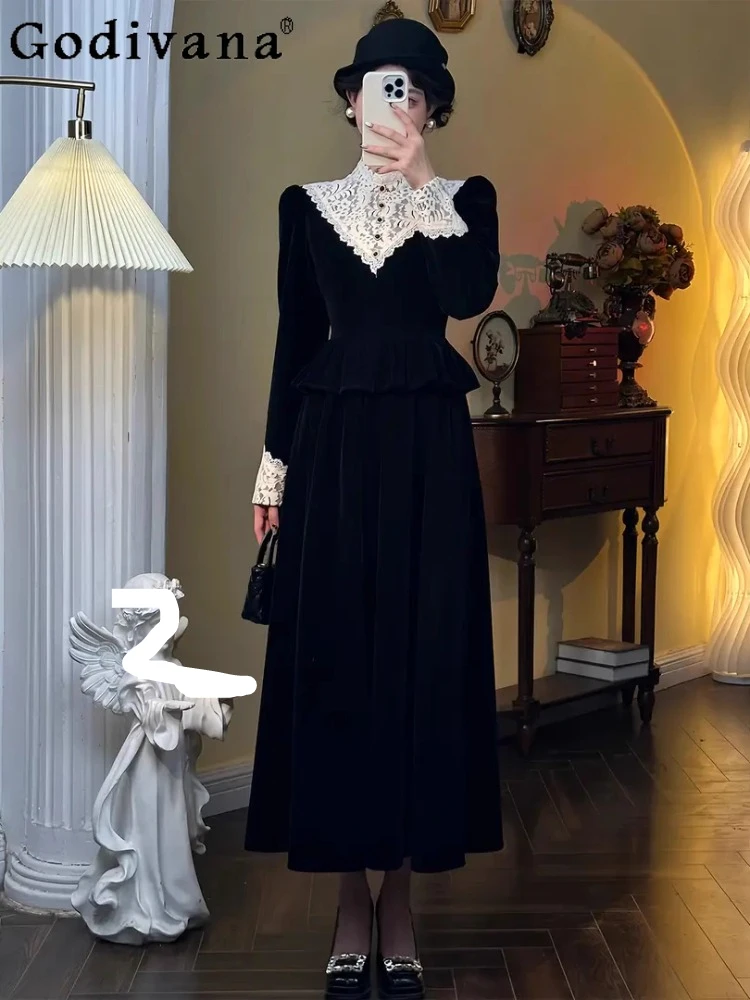 

Korean Large Size Autumn Winter Retro French Long Sleeve Velvet Lace Dress Women High Waist Black Versatile Fashion Dresses