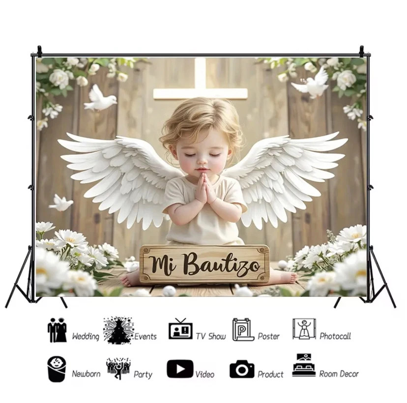 My First Holy Communion Background Cloth God Bless Baptism Christening Crucifix Chalice Gold Glitter Photography Studio Props view 6