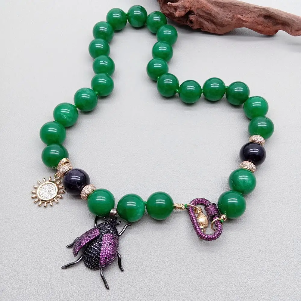 

KKGEM Cz Beetle Charm 16mm Green Jade Choker Necklace Beaded Simple Pendant Necklaces Jewelry Gifts