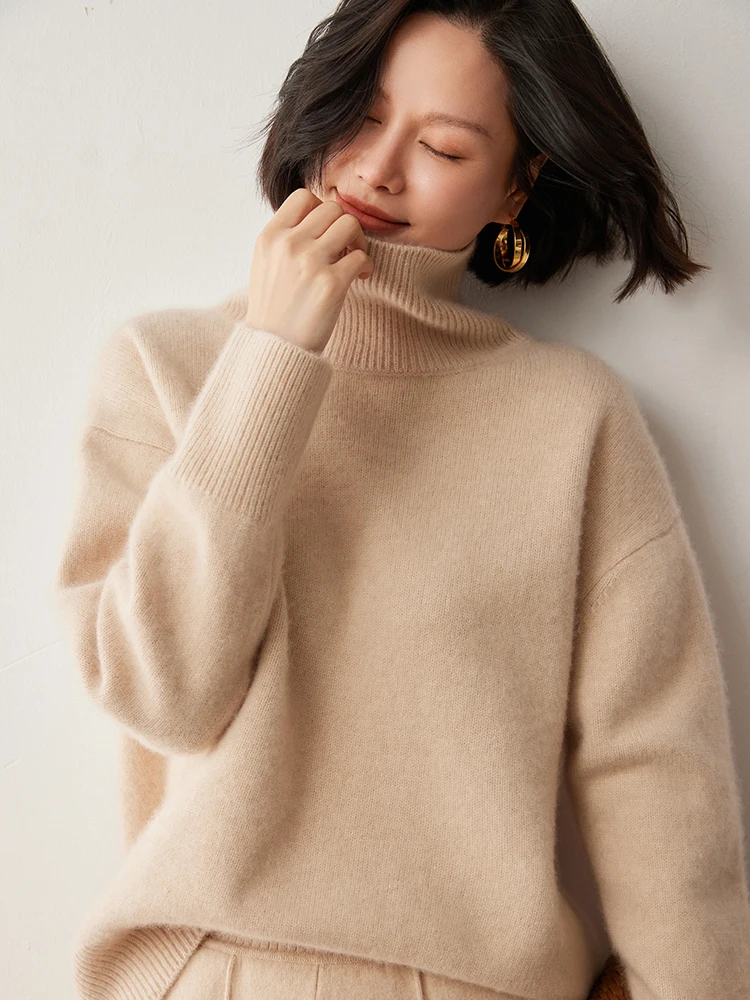 

2025 Women 100% Cashmere Sweater Turtleneck Pullover Autumn Winter Slim Basic Cashmere Knitwear Soft Warm High Strecth Versatile