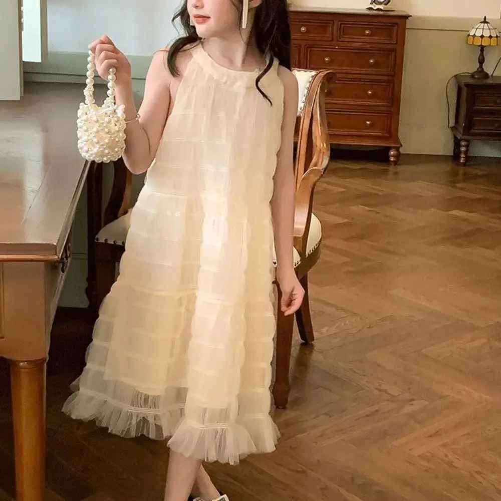 

Elegant Loose Girls Princess Dress Party Children Summer Mesh Dress Beach Vacation Sweet Teens Long Dress Students