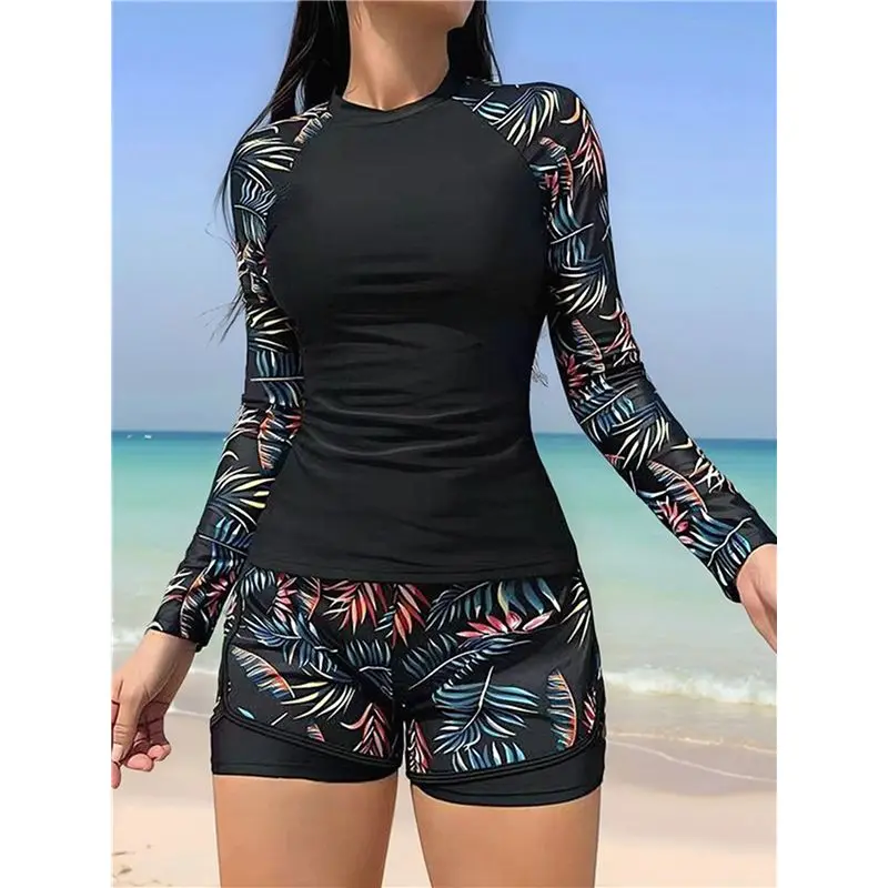 CYL-Women's Long Sleeves Rash Guard - 2 Piece Swimsuits With Built In Bra Swim Shirt And Shorts